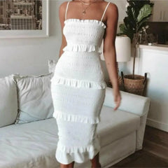 Lunivop  Sexy Wood ears Ruffles Elastic Bodycon Sling Dress Women Package Hips Midi Long Skinny Dresses Slim fit Robe
