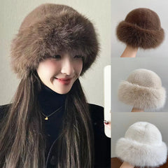 Lunivop Square flat roof Fashion Autumn Winter Leopard Fur Bucket Hat ball Plush Fisherman Hat Soft Warm Thick Basin Bucket Hats