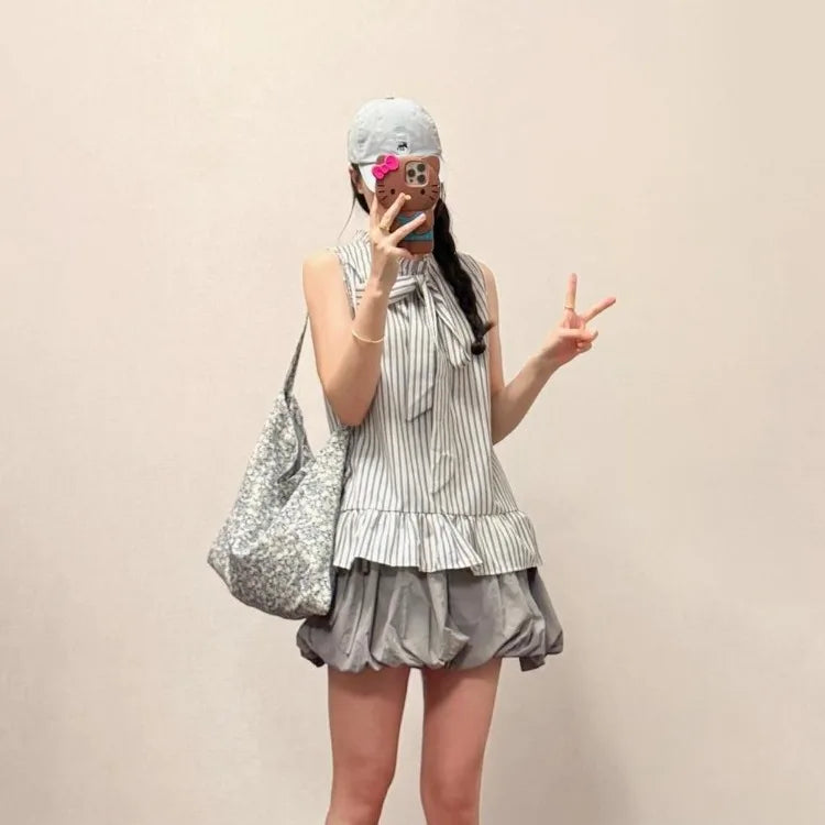 Lunivop  Summer New Elegant Striped Halter Sleeveless Shirts Women+ Y2k Fashion High Waist Floral Bud Skirts Two Piece Sets