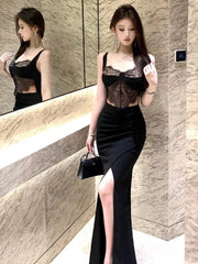 Lunivop  Temperament Dresses Women Sexy Lace Patchwork Hollow Out Split Slim Backless Elegant Party Dress Female Fashion Cocktail