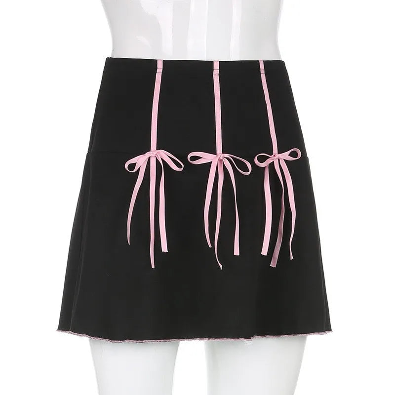 Lunivop  American Fashion Y2k Casual High Waist Pleated Skirts Front Constrast Color Bow Appliques Mini Girl Jupe Harajuku Street Skirt