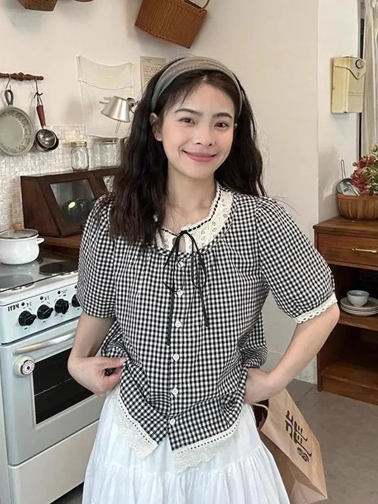 Lunivop  Sweet Vintage Women Plaid Blouse Casual Preppy Style Lace Patchwork Loose Shirt Cute Retro Female Short Sleeve Lace Up Tops