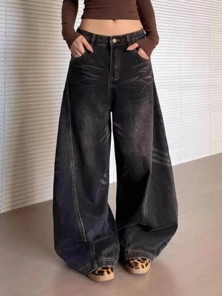 Lunivop  Vintage Washed Black Women's Jeans Wide Leg American Style High Waist Baggy Denim Pants Casual Straight Trousers New