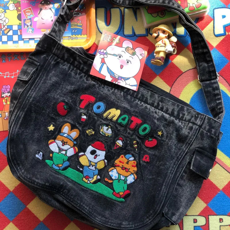 Lunivop Vintage Cartoon Denim Tote Bags for Women Luxury Designer Kawaii Embroidery Shoulder Bag Large Capacity Messenger Bag New