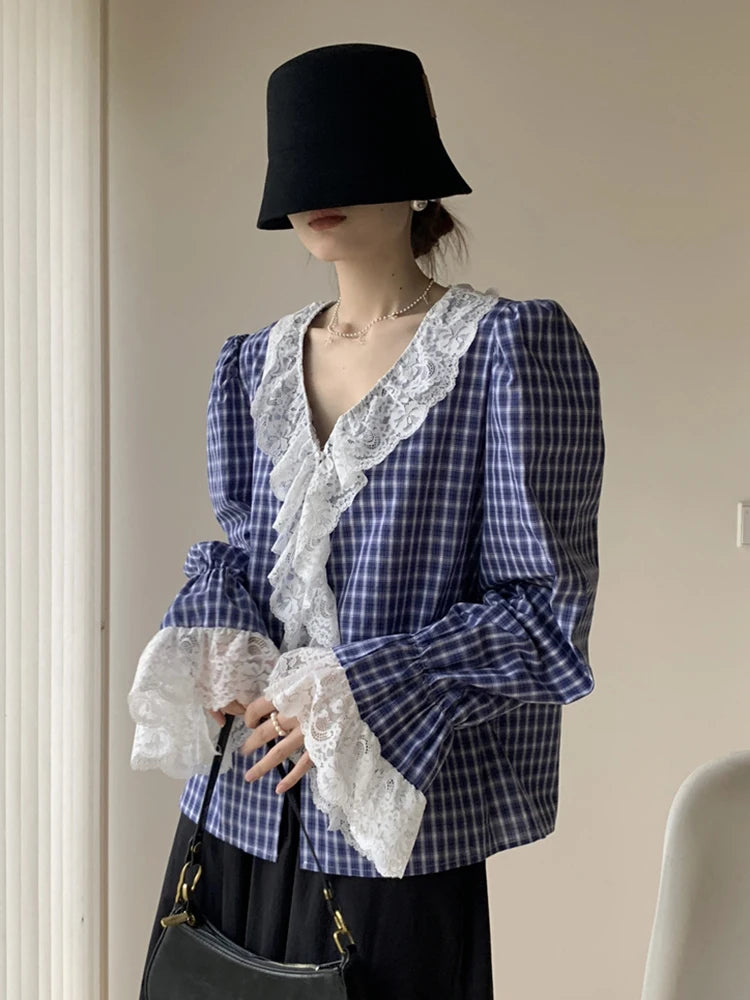 Lunivop   Vintage Ruffles Plaid Shirt Women Elegant Lace Patchwork V Neck Blouse French Sweet Long Sleeve Retro Design Casual Tops