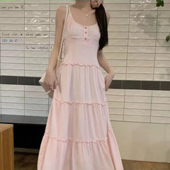 Lunivop Pink Cute Midi Dresse Sweet Ruffle Casual Elegant Chic Beach Long Spaghetti Strap Button Holiday Gentle Dress Fairycore