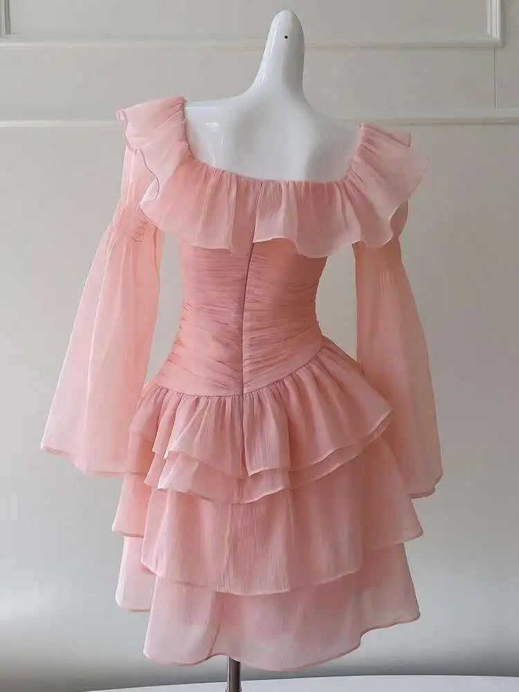 Lunivop Solid Ruffled Design Women's Dresses Slash Collar High Waist Long Sleeve Elegant Dress Female Autumn 2025 New