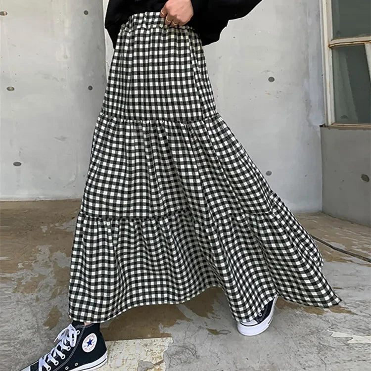 Lunivop Maxi Gingham Skirt Women Ankle Length Cotton-linen Black & White Plaid Elastic Waist Tiered Pleated Long Skirt Ladies falds