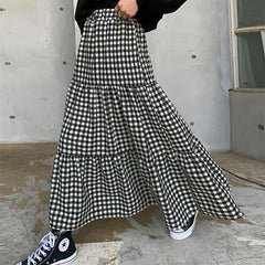 Lunivop Maxi Gingham Skirt Women Ankle Length Cotton-linen Black & White Plaid Elastic Waist Tiered Pleated Long Skirt Ladies falds
