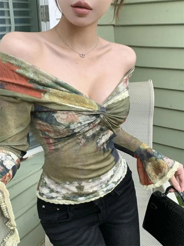 Lunivop  Green Oil Painting Print Vintage Tops Mujer 2025 Summer New Slim Fit T-shirt for Women Sexy Off Shoulder Long Sleeve Tee Shirt
