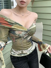 Lunivop  Green Oil Painting Print Vintage Tops Mujer 2025 Summer New Slim Fit T-shirt for Women Sexy Off Shoulder Long Sleeve Tee Shirt