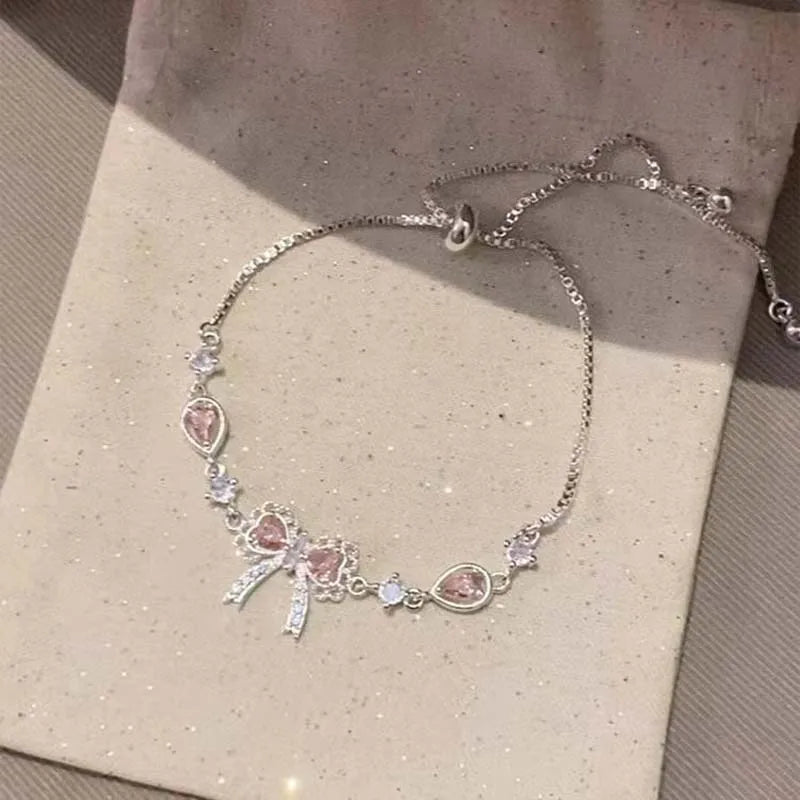 Lunivop  Sweet Pink Bowknot Bracelet For Women Luxury Sparkling Rhinestone Adjustable Bracelet Daily Dating Jewelry Accessories