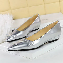 Lunivop  Women Glossy Silver 2.5cm Low Heels Pumps Lady Daily Comfortable Casual Shoes Female Elegant Butterfly Knot Pointed Toe Shoes