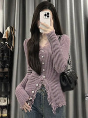 Lunivop  Early Autumn New V Neck Moda Cardigan Slim Waist Unique Hong Kong Style Trendy Jumper Korea Chic Tassels Knit Sweet Mujer