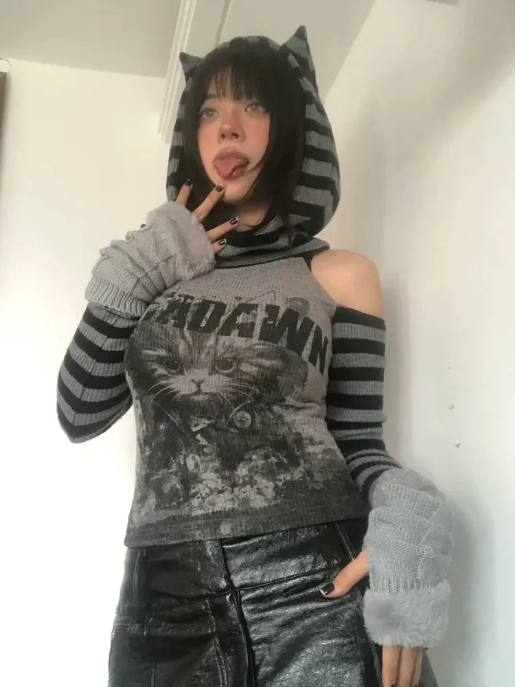 Lunivop Japanese Striped Patchwork Hoodie for Women Gothic Retro Cat Print Hollow Slimming Pullover Harajuku Style Dark Punk Top