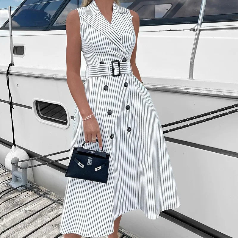 Lunivop  Autumn Women Vertical Stripe Printed Polo Turn-down Collar Dress with Belt High Waist Sleeveless Button Dresses