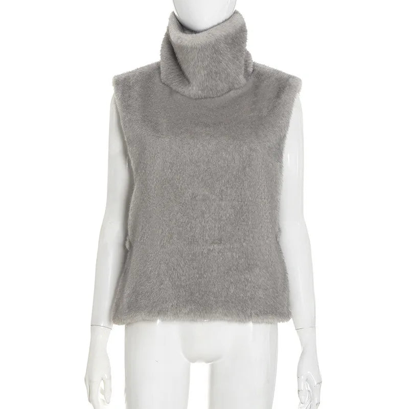 Lunivop  Women Furry Faux Fur Vests Fall Winter Turtleneck Sleeveless Warm Casual Streetwear Jackets Tops Fashion Coat Outerwear