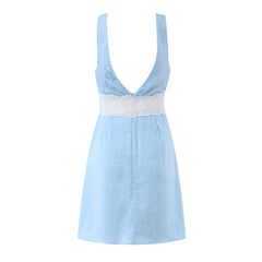 Lunivop  Fashion Light Blue Satin Spliced Lace V neck Tank Dress Women Hollow Out Slim Waist A-lined Sleeveless Short Dresses Femme Robe