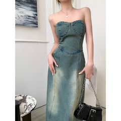 Lunivop  Summer Retro Strapless A- Line Denim Dress Pure Desirable Sexy Two-Piece Set Small Size Ins Spicy Girl Long Skirt Dress