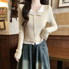 Lunivop V-neck Fake Two Long-sleeved Short Slim Early Autumn Sweaters with Bottoming Shirts in 2025