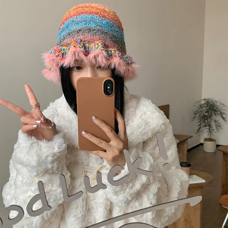 Lunivop Rainbow Knitted Hat Dopamine Fashion Retro Gradient Contrast Plush Ruffle Warmth Striped Oil Painting Woolen Fisherman Cap Decor