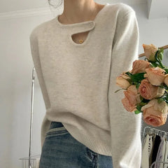 Lunivop 2025 Buckle V-neck Pullover Shoulder Bottom Sweater Women's Winter New Thick Inner Knitwear Loose Lazy Style Top