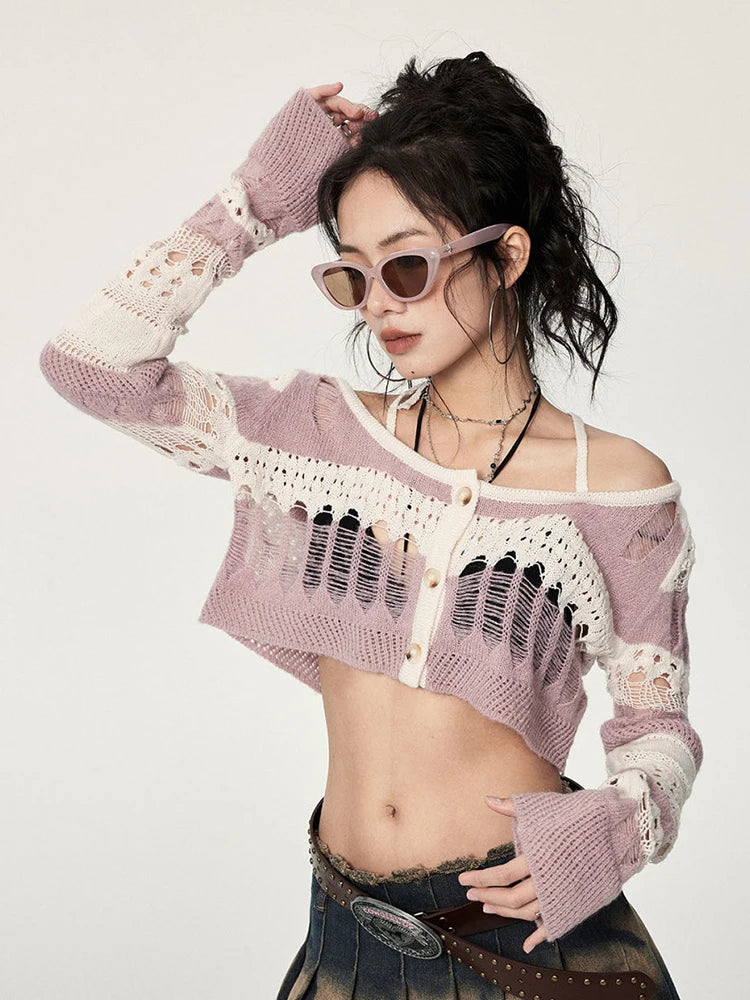 Lunivop Streetwear Hollow Out Cardigan Women Vintage Y2K Sexy Cropped Knitted Sweaters Fall Long Sleeve Loose Halter Striped Tops