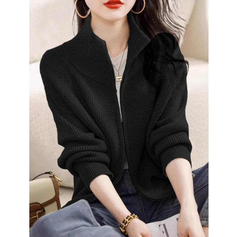 Lunivop Women's Zip Up Sweater Cardigan Cozy Knit Stand Collar Zipper Front Plain Sweater Jacket Female Korean Chic Fall Winter Outfit