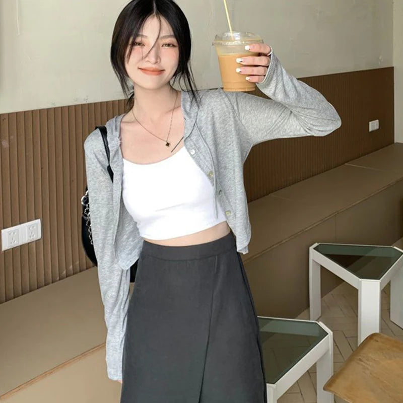 Lunivop Rimocy Summer Knitted Hooded Cardigan Women Korean Streetwear Single Breasted Crop Tops Woman Solid Long Sleeve Knitwear Top