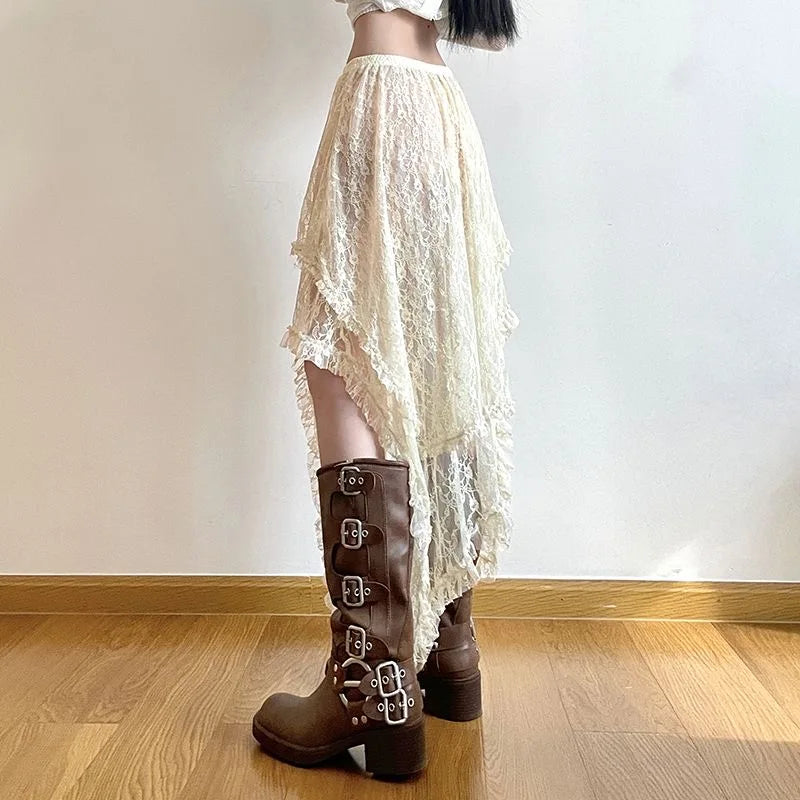 Lunivop Lace Vintage Long Skirts Irregular Holiday Y2k Skirts for Women Boho Tulle Elegant See Through Midi Skirt High Waist