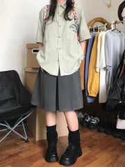 Lunivop  Japanese Vintage Lapel Neck Striped Shirts Women Summer E-Girl Loose Short Sleeve Blouses Y2k Grunge Mid-length Blusas Mujer