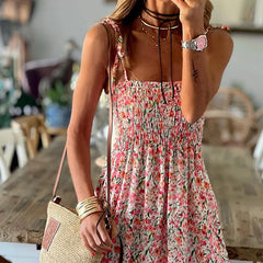Lunivop  Women Summer Dress Fashion Print Floral Sleeveless Spaghetti Straps Ruched Beachwear A-line Slash Neck Long Sundress