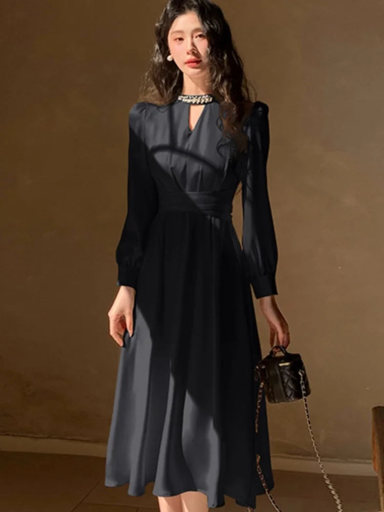 Lunivop Elegant French Satin Vintage Midi Dress Spring New Office Lady Lace-up Long Sleeves Slim Wasit Korean Chic Vestidos Basics