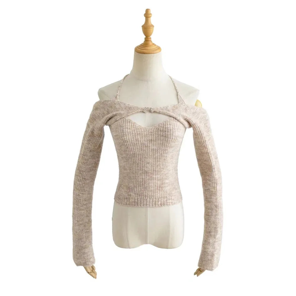 Lunivop  Sexy Knitted Off Shoulder Pullovers Cropped Sweater 2 pieces Set  Lacing up Halter Knitwear Caim Tank Tops Jumper Tops