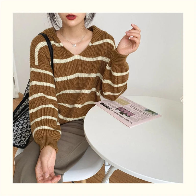 Lunivop Striped Sailor Collar Knit Sweater for Women Pullovers Cozy Jumper Fall Winter Teen-girl Preppy Outfit