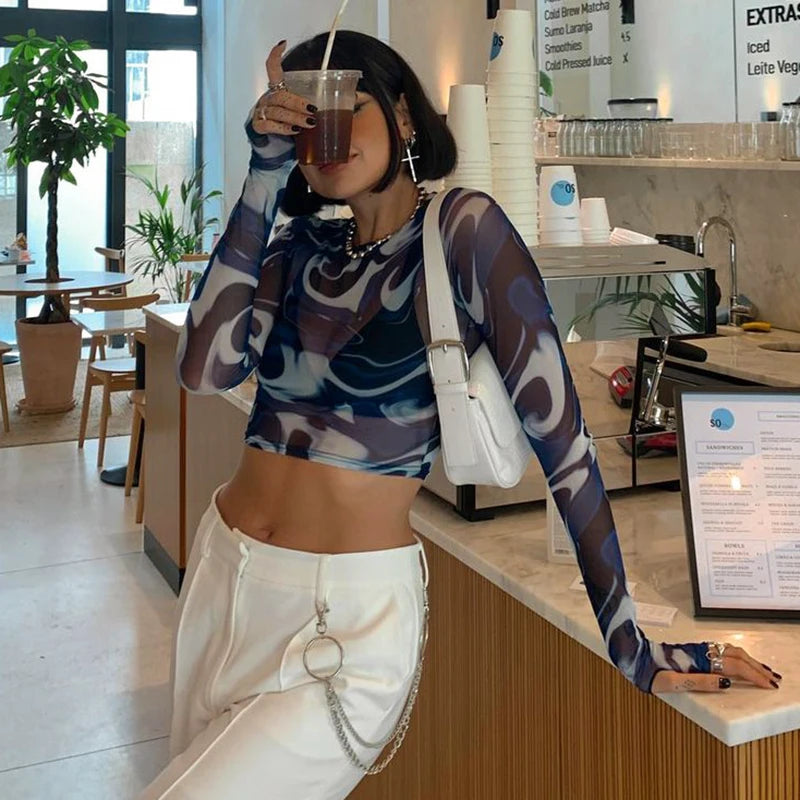 Lunivop Sexy Crop Top Y2K Vintage Harajuku Graphic Print Mesh Sheer T-shirt Long Flare Sleeve Slim Fit Women Clothes Aesthetic