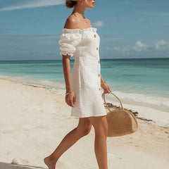 Lunivop  Elegant Ruffles Shirt Dress Summer Clothing Women Puff Sleeve Slash Neck Bandeau Mini Dresses Birthday Evening Party Dress