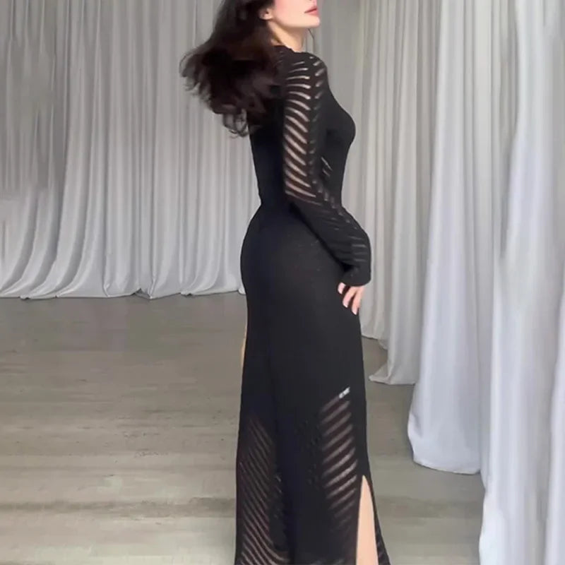 Lunivop Elegant O Neck Knitted Hollow Out Long Dress Female High Waist Bodycon Dress Fashion Party Dress Full Sleeve Solid Color