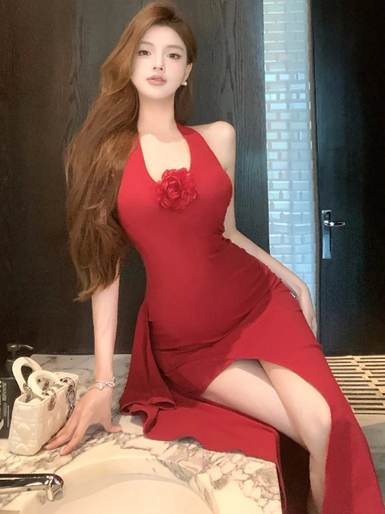 Lunivop  Summer Red Elegant Chic Flower Neck-mounted Dress Women Korean Fashion Bodycon Slit Long Dress 2025 New Festival Evening Dresses