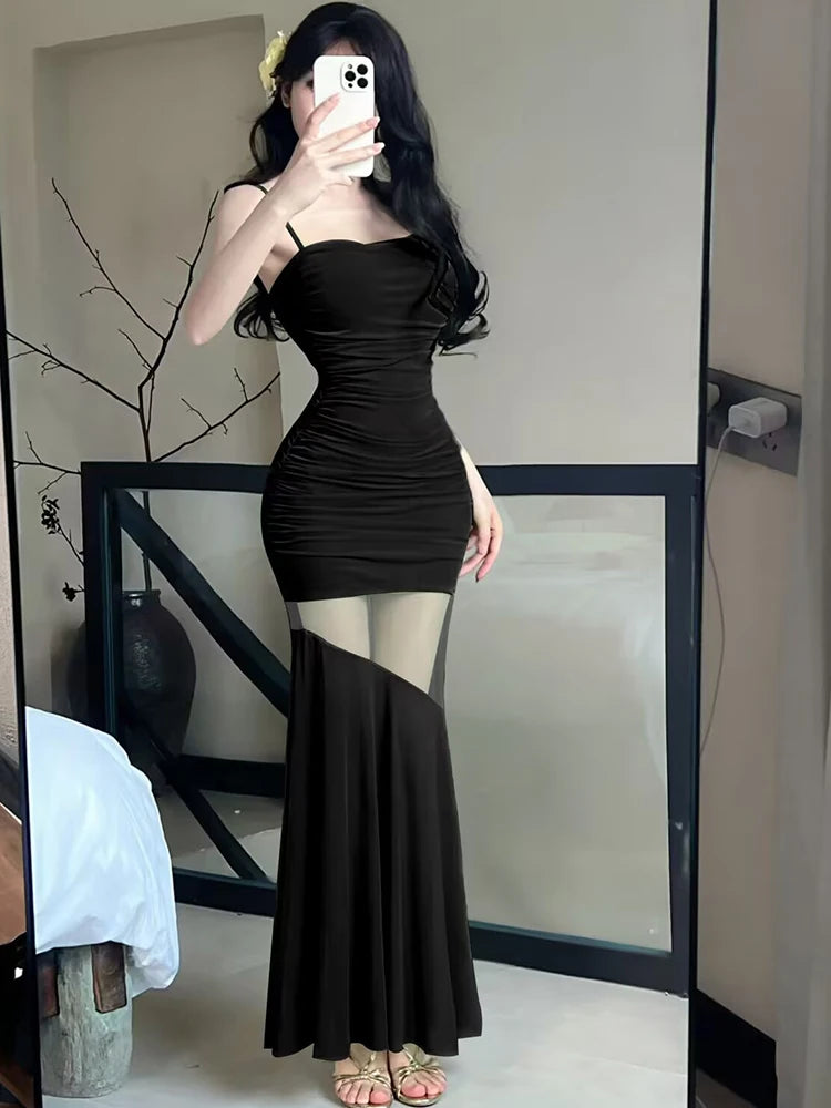Lunivop  Black Patchwork Mesh Sheer Sexy Long Dress Women Elegant Luxury Ruffled Dress Gown Summer Korean Bodycon Party Night Dress