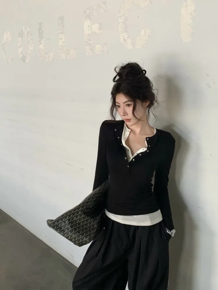 Lunivop  Korean Chic Design Fake Two Pieces Long Sleeves Shirt Women Autumn 2024 New Elegant All Match Slim Fit Slimming Base Tops Winter
