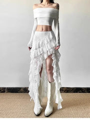 Lunivop  Deeptown Elegant Tulle Ruffle Skirt Women Boho Lace Vintage White Irregular Skirt Korean Style Summer Layered Mid Skirts Street
