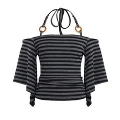 Lunivop  Euramerican Chic Fashion Vintage Halter Beading T Shirts Y2k High Street Flare Sleeve Summer Clothes Harajuku Casual Striped Top