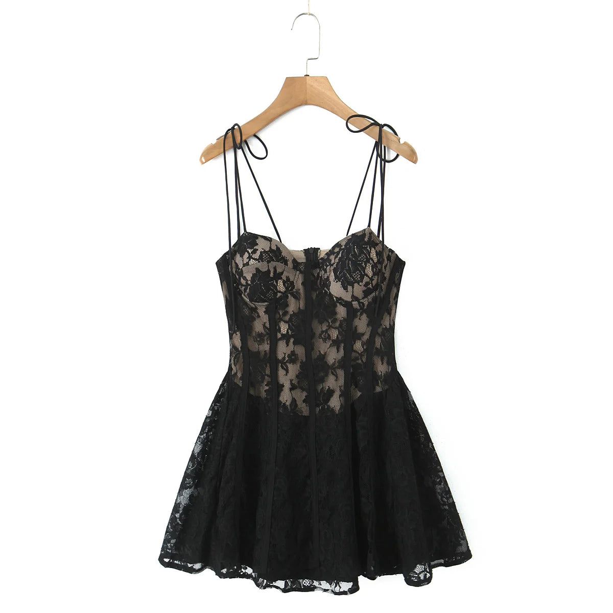 Lunivop  Sexy White Lace Mesh Pad Chest Corset Style Tie Bow Strap Sling Mini Dress Women Low Waist Pleated Swing Dresses Party Robe
