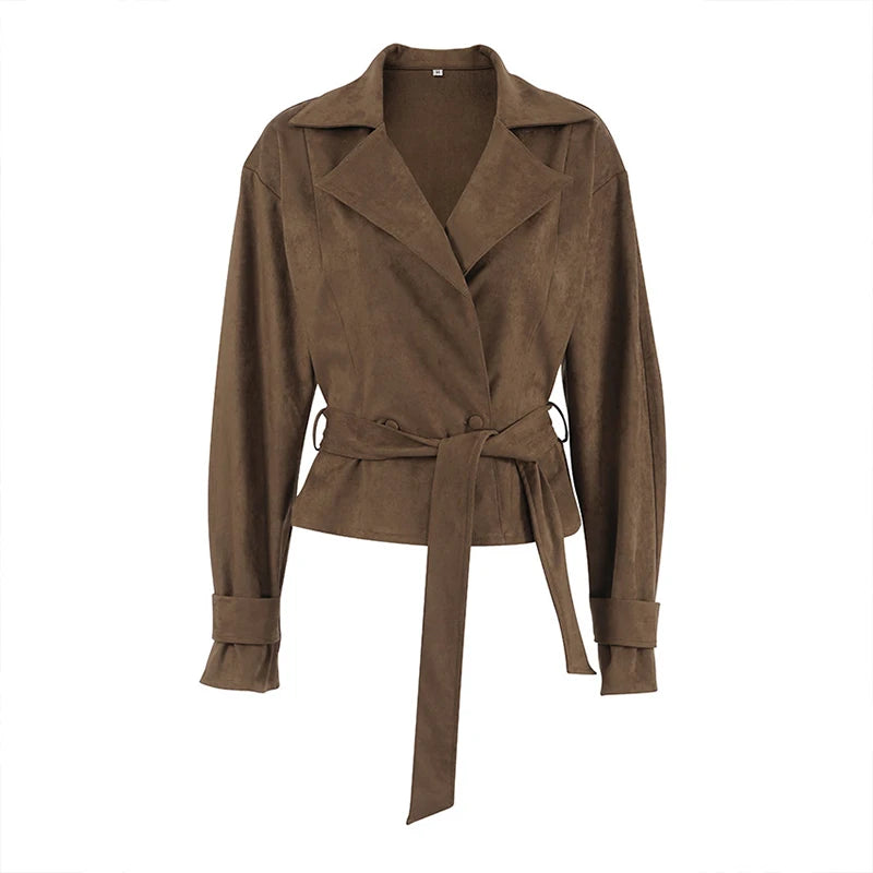Lunivop  BKLD Fashion Autumn Women's Suede Coat Long Sleeve Belted Ruched Double-breasted Lapel Retro Suit Jackets Casual Streetwear