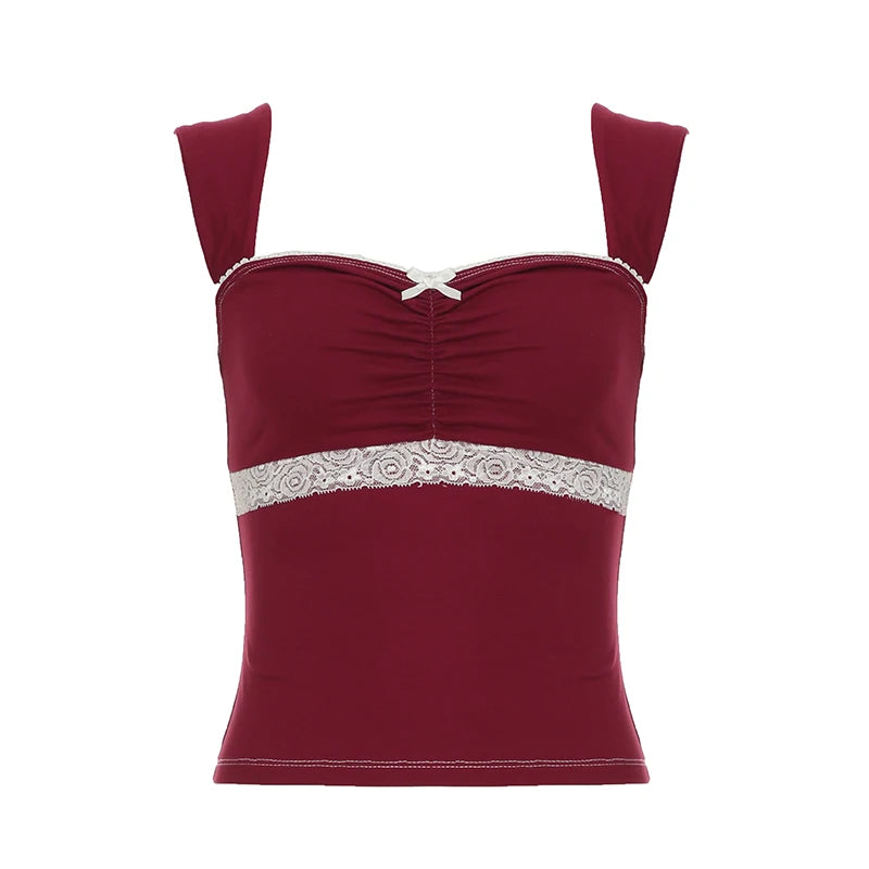 Lunivop  Vintage 90s Red Square Collar Crop Top Cute Bow Stitching Sleeveless Skinny T-shirt Women Harajuku y2k Tees Summer Casual
