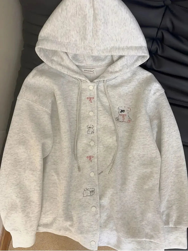 Lunivop Cartoon Embroidery Cute Hoodies Women Vintage Oversize Loose Long Sleeve Sweatshirts Preppy Style Kawaii Japan Lady Outwear Tops