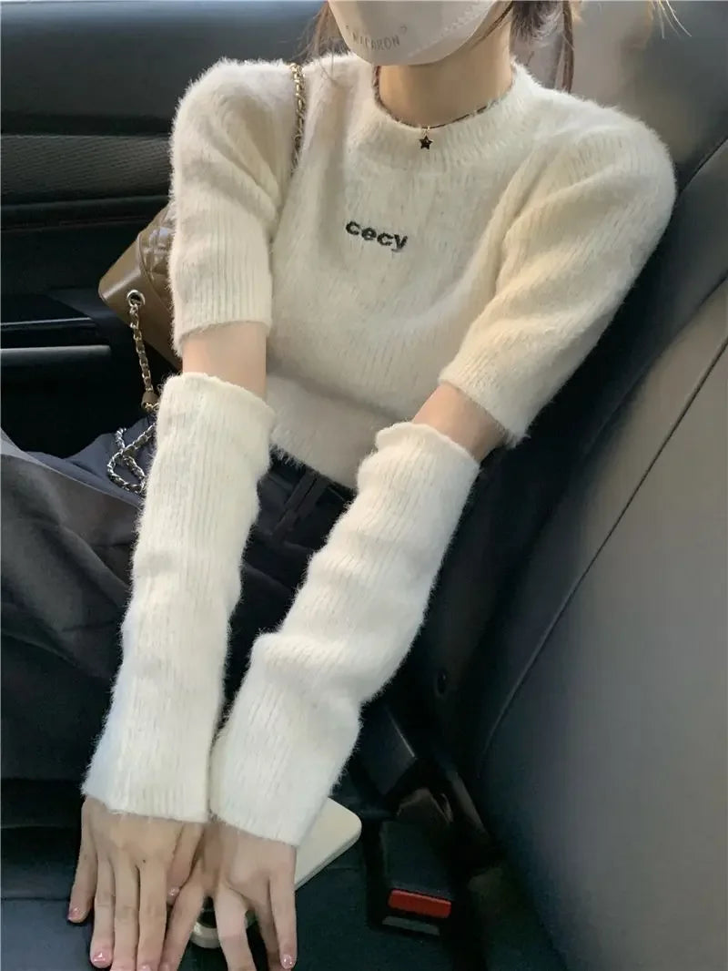 Lunivop White Knitted Hotsweet O Neck Sweaters Pullovers Oversleeve Women Crop Tops Mink Cashmere Y2k Letter Print Slim Fit High Waist