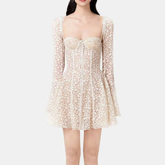 Lunivop  Fashion Women Dress Long Sleeve Low-necked Solid Color Lace Patchwork Female Party Short Dresses New Tide