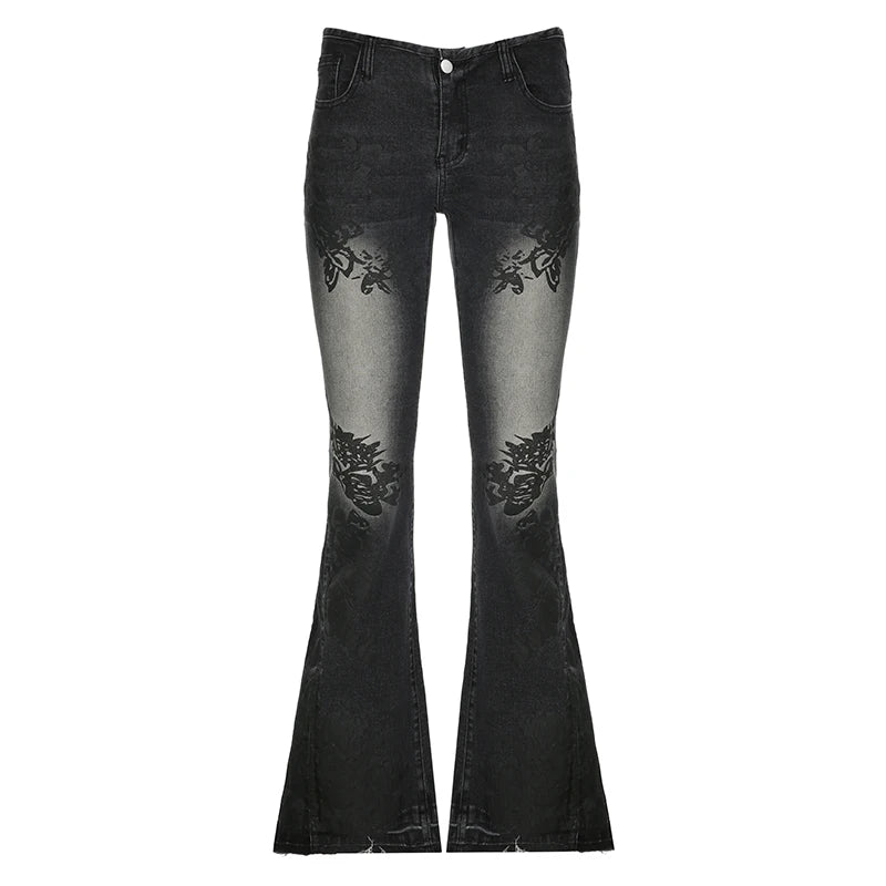 Lunivop  Streetwear y2k Flare Jeans Distressed 2000s Floral Print Low Rise Slim Denim Pants Korean Women Trousers Retro Mom Jeans